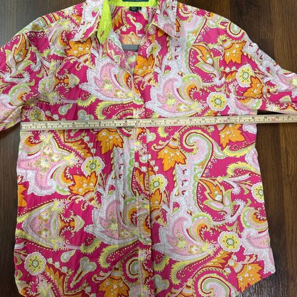 Lauren Ralph Lauren Paisley Cotton Button Up Neon Pink Green Funky Retro Sz M - Picture 4 of 7
